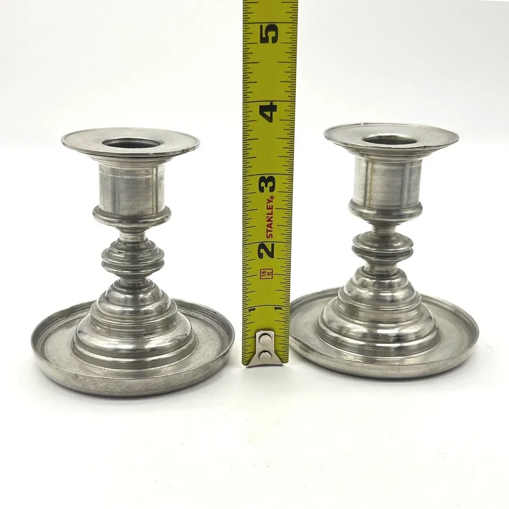 Vintage Pewter Candlestick Holders Pair Baluster Stem Weighted Metal